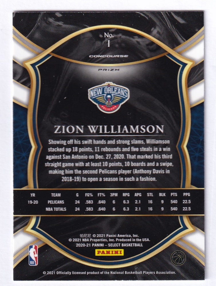 2020-21 Panini Select Silver Prizm Zion Williamson Pelicans #1