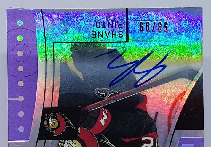 2021-22 Upper Deck Synergy AU Purple Rookie RC Shane Pinto Senators 53/99 #84