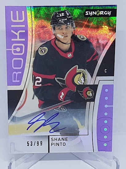 2021-22 Upper Deck Synergy AU Purple Rookie RC Shane Pinto Senators 53/99 #84
