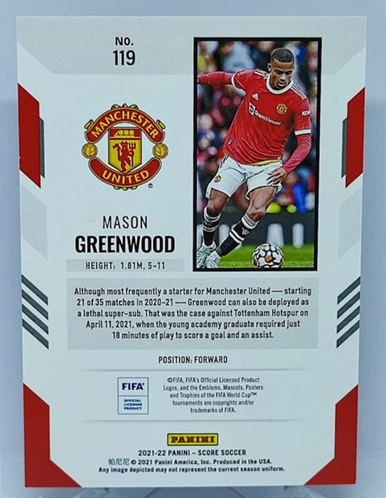 2021-22 Panini Score FIFA Purple Laser Mason Greenwood Manchester 12/15 #119