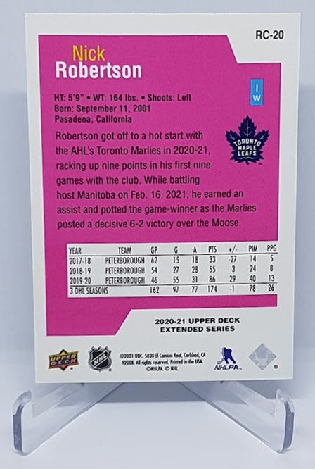 2020-21 Upper Deck Extended Series Rookie Class Nick Robertson Maple Leafs RC20