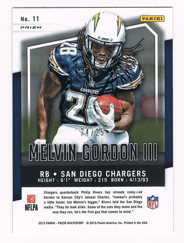 2015 Panini Prizm Silver RC Melvin Gordon Chargers 24/25 #11
