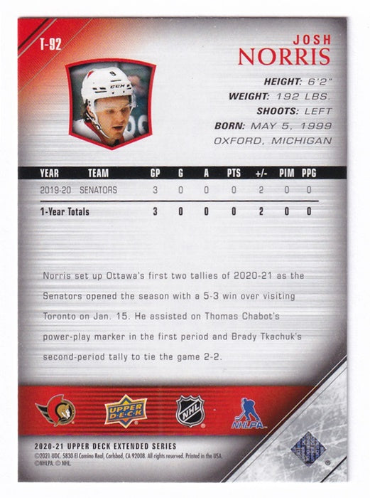 2020-21 Upper Deck Extended Series Young Guns Tribute Josh Norris Senators T92
