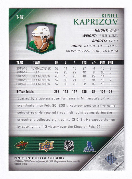 2020-21 Upper Deck Extended Series Young Guns Tribute Kirill Kaprizov Wild T87