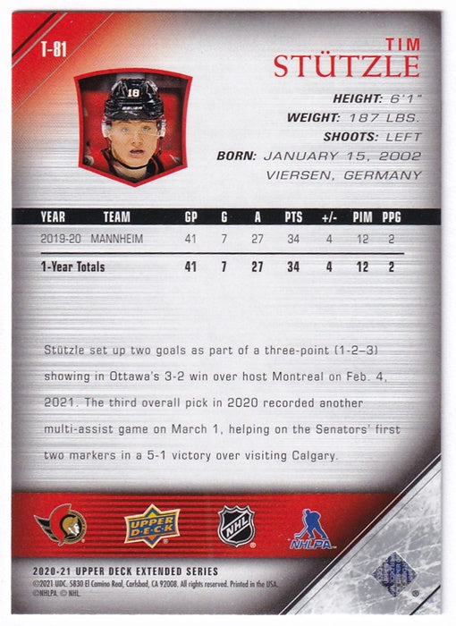 2020-21 Upper Deck Extended Series Young Guns Tribute Tim Stützle Senators T81