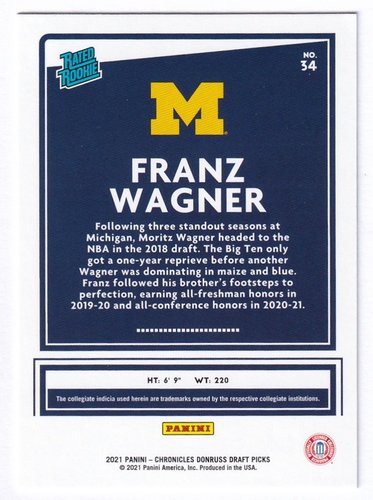 2021 Panini Chronicles Rated Rookie RC Franz Wagner Michigan #34