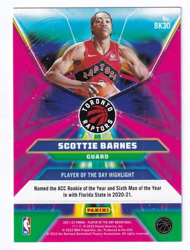 2021-22 Panini Player of the Day RC Scottie Barnes Raptors 44/99