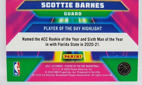 2021-22 Panini Player of the Day RC Scottie Barnes Raptors 44/99