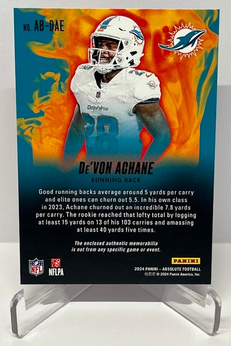 2024 Panini Absolute Burners Memorabilia De'Von Achane Dolphins *3