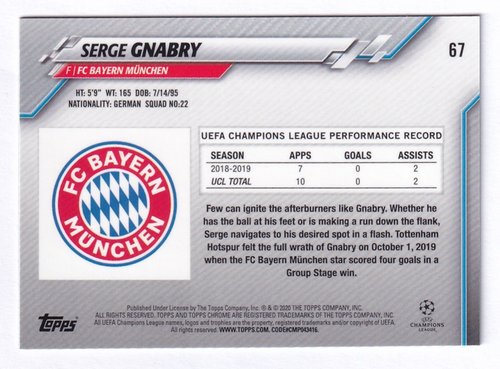 2019-20 Topps Sapphire Serge Gnabry Bayern München #67
