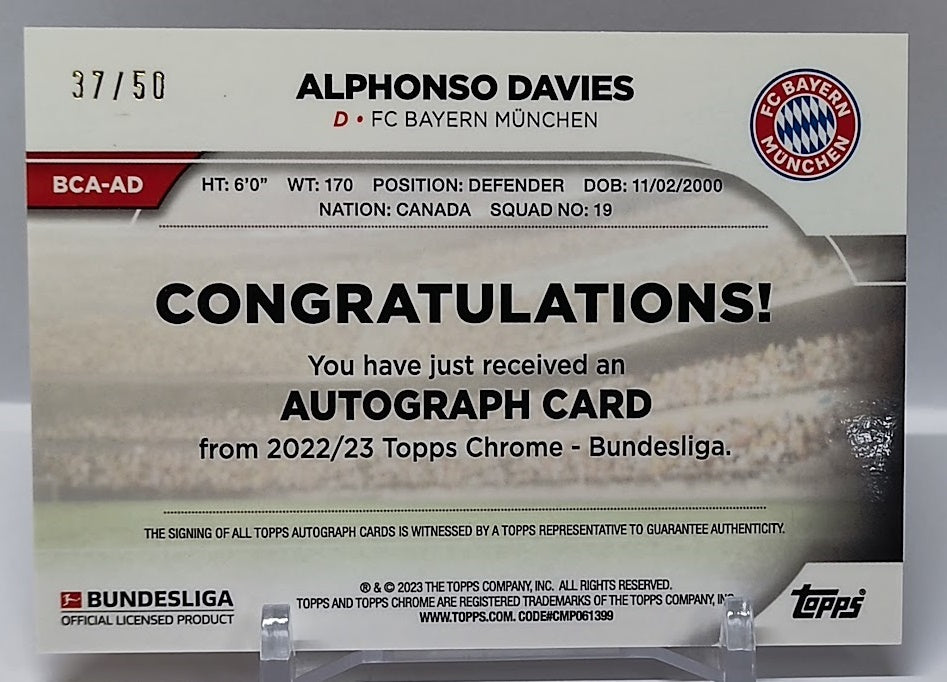 2022-23 Topps Chrome Auto Alphonso Davies Bayern München 37/50