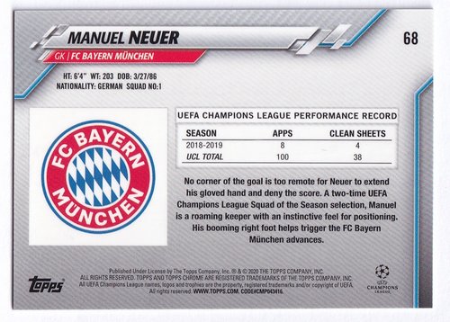 2019-20 Topps Sapphire Manuel Neuer Bayern München #68