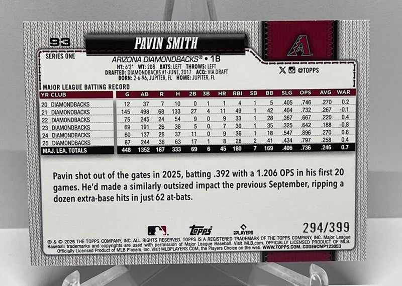 2026 Topps Series 1 Sand Glitter Pavin Smith Arizona 294/399 #93