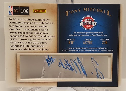 2013-14 Panini Timeless Treasures RC Tony Mitchell Pistons