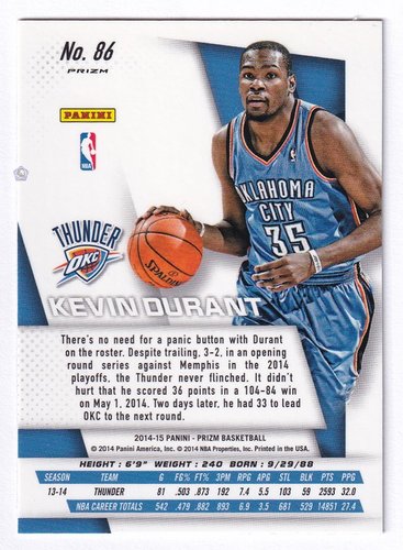 2014-15 Panini Prizm Red Yellow Kevin Durant Thunder #86