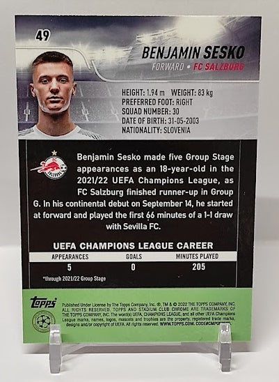 2021-22 Topps Stadium Club Chrome Pink RC Benjamin Sesko #49