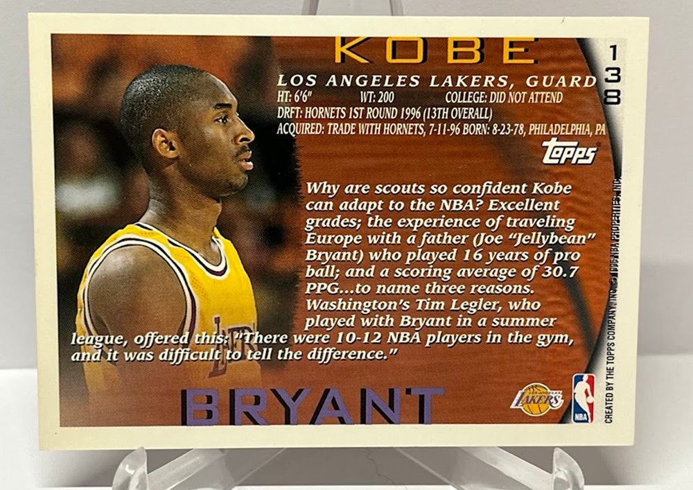 1996-97 Topps RC Kobe Bryant Los Angeles Lakers #138 *2