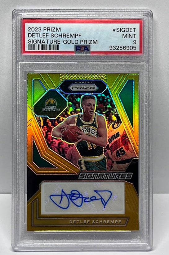 2023 Panini Prizm Signatures Gold Detlef Schrempf SuperSonics 03/10 PSA 9