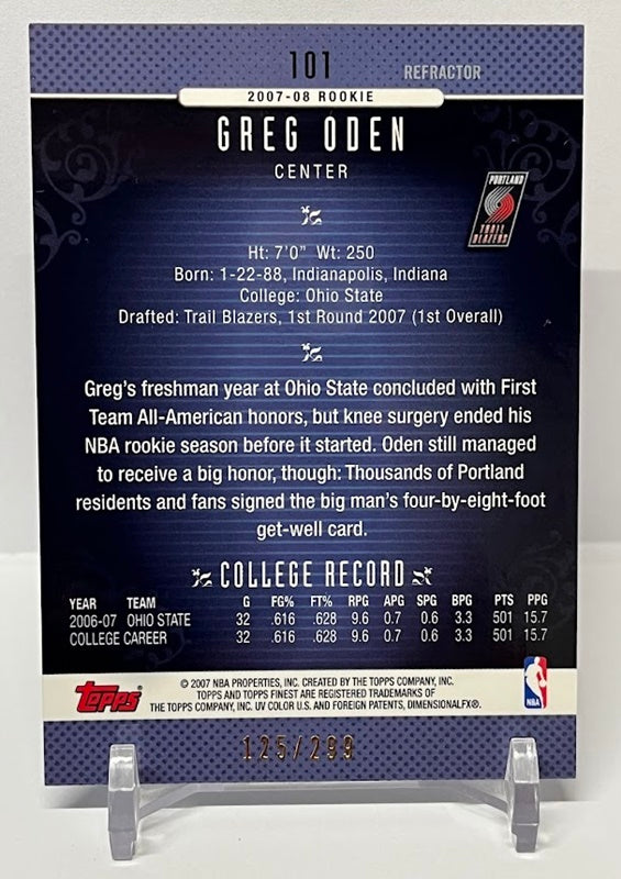 2007 Topps Finest Rookie Refractor Greg Oden Portland 125/299 #101 *2