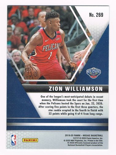 2019-20 Panini Mosaic NBA DEBUT RC Zion Williamson Pelicans #269