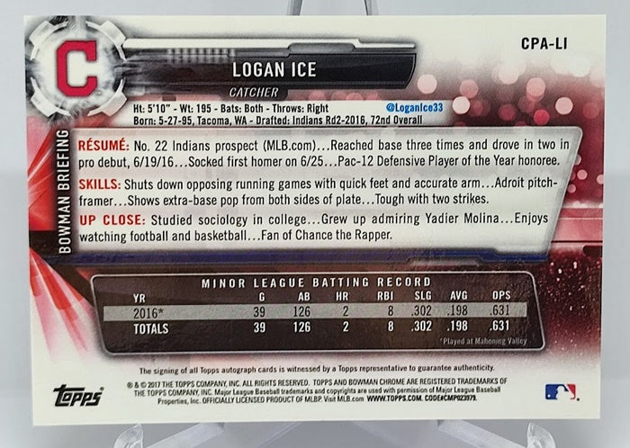 2017 Topps Bowman Chrome AU Logan Ice Indians