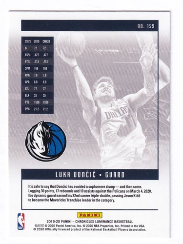 2019-20 Panini Chronicles Luminance Luka Doncic Mavericks #159