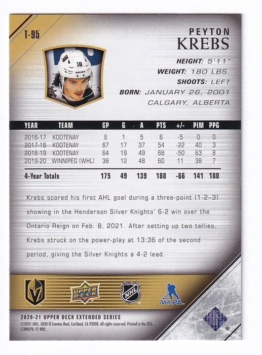 2020-21 Upper Deck Extended Series Young Guns Tribute Peyton Krebs Golden Knights T95