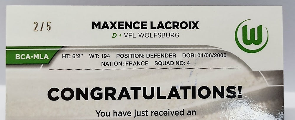 2022-23 Topps Chrome Auto Maxence Lacroix VFL Wolfsburg 2/5