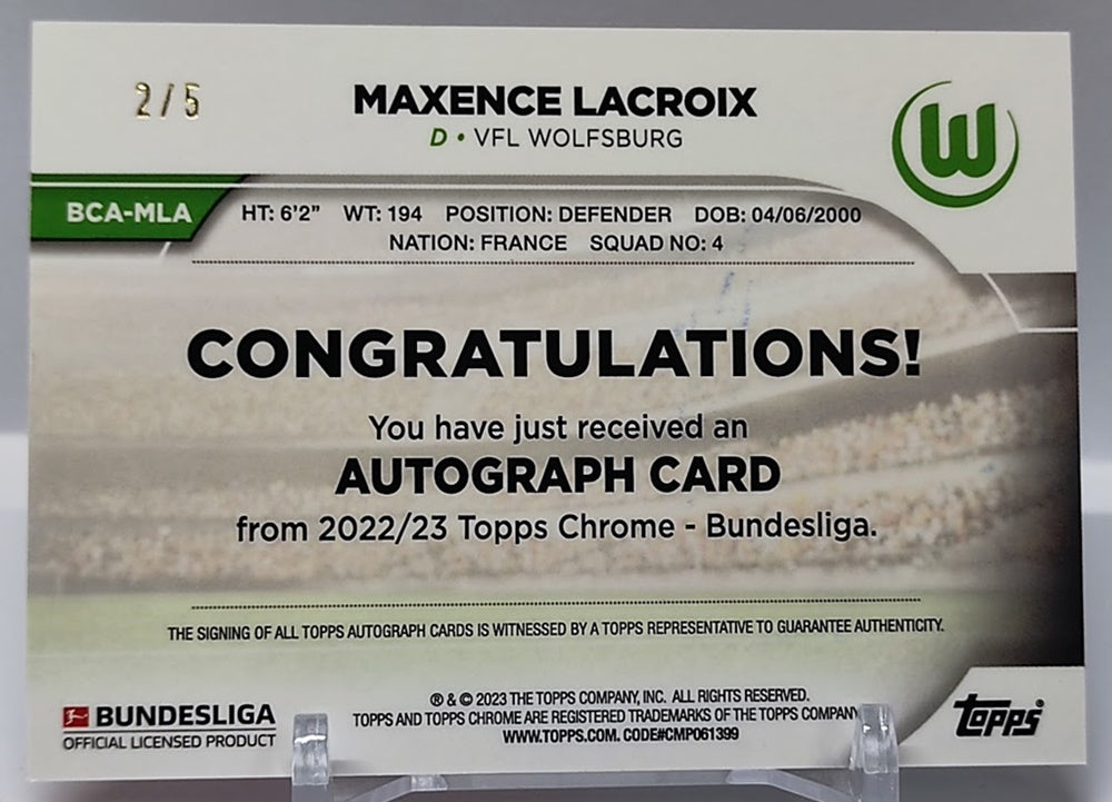 2022-23 Topps Chrome Auto Maxence Lacroix VFL Wolfsburg 2/5