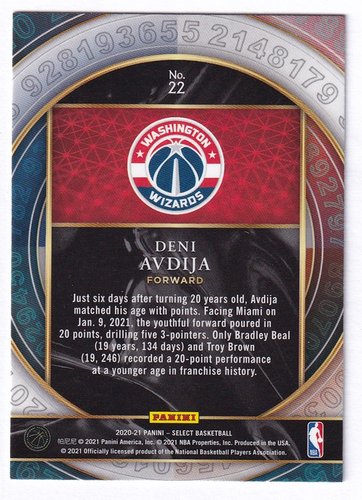 2021 Panini Select Numbers Deni Avdija Wizards #22