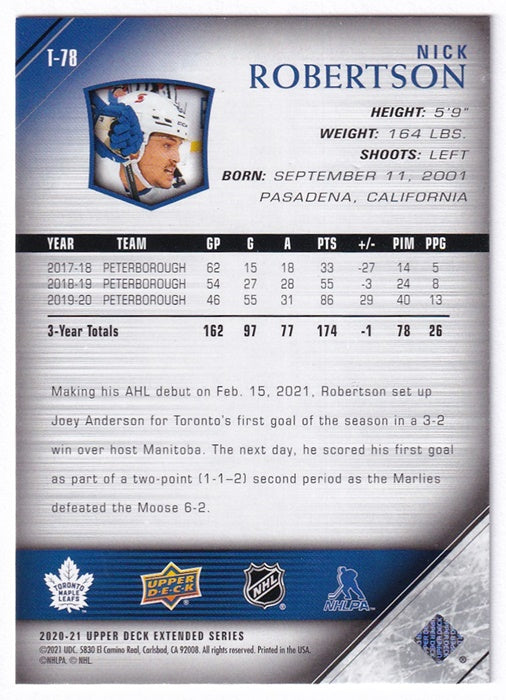 2020-21 Upper Deck Extended Series Young Guns Tribute Nick Robertson Maple Leafs