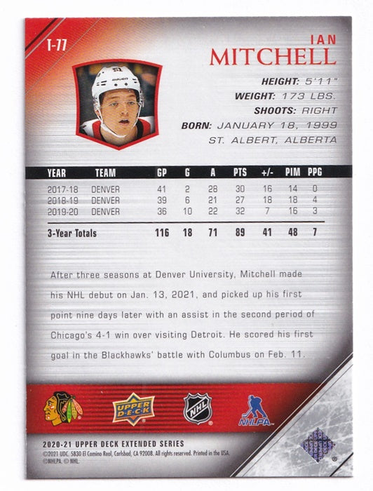 2020-21 Upper Deck Extended Series Young Guns Tribute Ian Mitchell Blackhawks T77