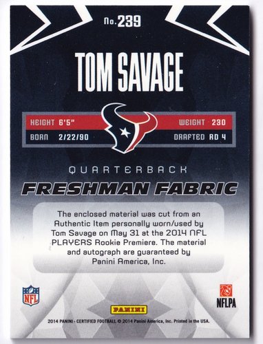 2014 Panini Certified RC Tom Savage Texans 034/699