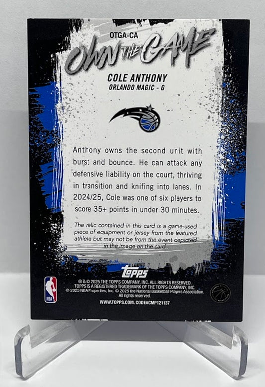 2025 Topps Own The Game Relic Cole Anthony Orlando Magic