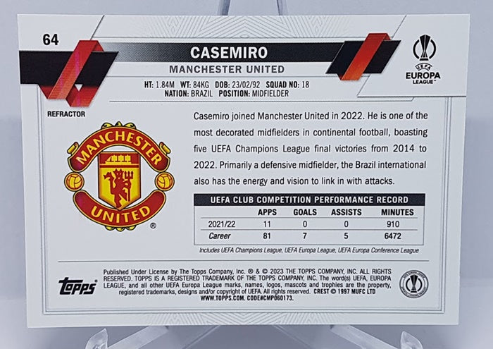 2023 Topps Chrome UEFA Europa League Refractor Casemiro Manchester #64