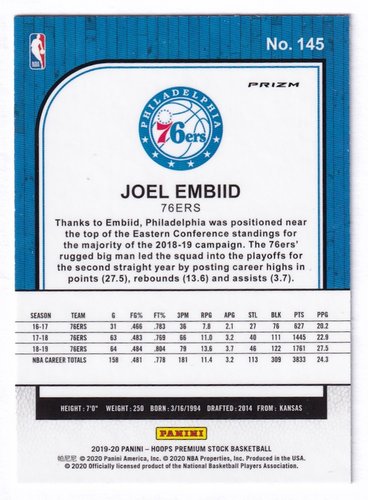 2019-20 Panini Hoops BLUE Prizm Joel Embiid 76ers #145