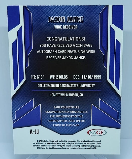 2024 Sage Autograph RC Jaxon Janke South Dakota University *1